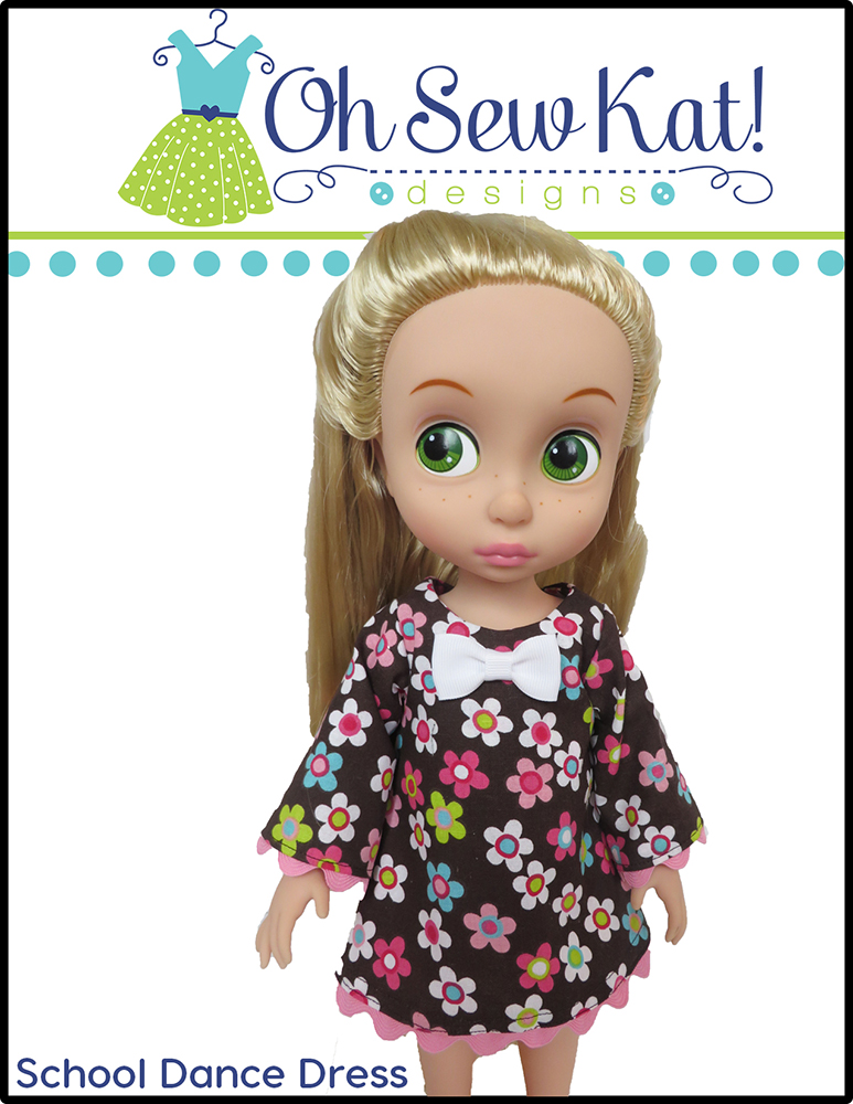 Oh Sew Kat! School Dance Dress for Disney Animator pdf doll dress sewing pattern to make easy doll clothes for 16 inch dolls.