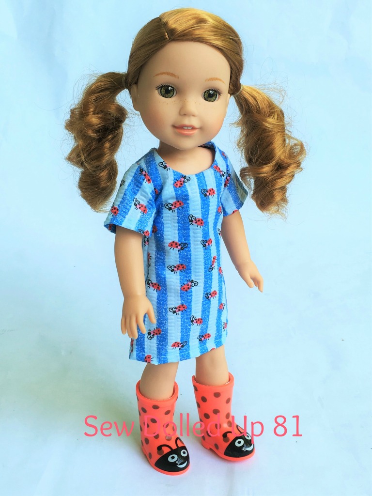 Make a simple summer dress for your 18 inch doll with the Sunshine Dress PDF Pattern from OhSewKat! Also available for 14 inch dolls like Wellie Wishers from American Girl. #dollclothes #sewingpattern #summerclothes #dolloutfit #sunshinedress #ohsewkat