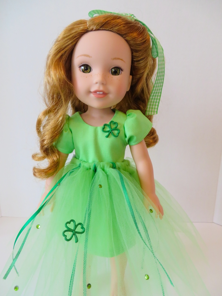 Sew an irish themed dress for your 14 inch doll like Wellie Wishers with the Sugar n Spice PDF sewing pattern by ohsewkat.