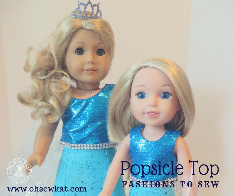 Make a Frozen / Elsa inspired doll Halloween costume with easy sewing patterns from Oh Sew Kat! Popsicle Top and Sixth Grade Skirt pattern hack tutorial can be found at www.ohsewkat.com. #elsacostume #halloween #diy #dollclothes #sewingpattern #ohsewkat