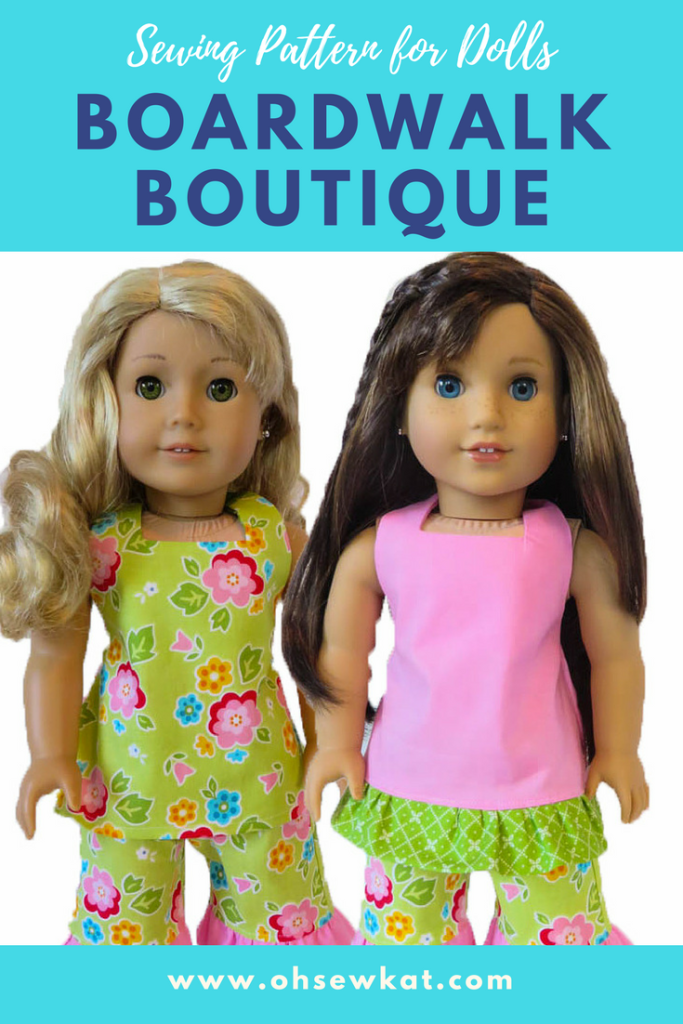 American Girl doll sewing patterns by Oh Sew Kat! The Boardwalk Boutique PDF pattern is found on Etsy, You Can Make This and Pixie Faire. Make a halter top and capri ruffle pants outfit for your 18 inch doll. #ohsewkat #sewingpattern #digitalpattern #dollclothes