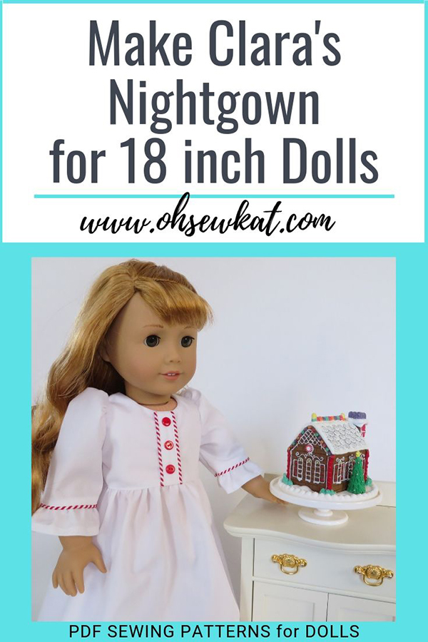 Try this nightgown pattern hack of Sugar n Spice Dress sewing pattern by Oh Sew Kat! Easy sewing tutorial at www.ohsewkat.com to make a Clara inspired Nightgown for dolls. #ohsewkat #clara #nutcracker #dollclothes #sewingpattern