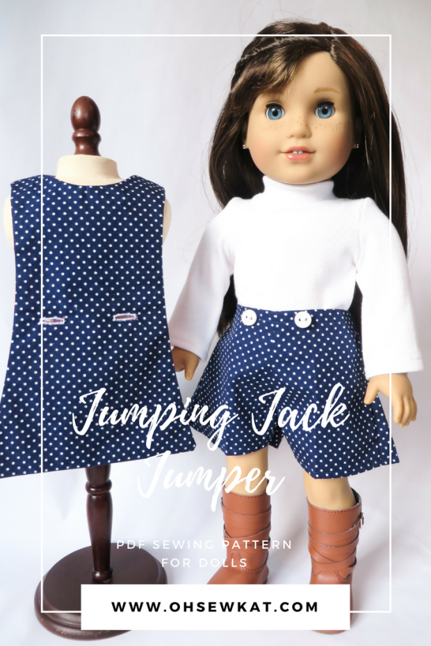 Jumping Jack Sewing pattern for 18 inch dolls by Oh Sew Kat! Easy turtleneck, shorts and jumper sewing pattern for American Girls. #ohsewkat #sewingpattern #dollclothes #americangirl #grace