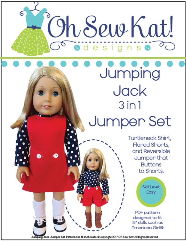 Easy sewing pattern to make 18 inch doll clothes. Print at home PDF patterns by oh sew kat for dolls. #ohsewkat #dollclothes #sewingpattern #jumpingjack #18inch #1970spattern