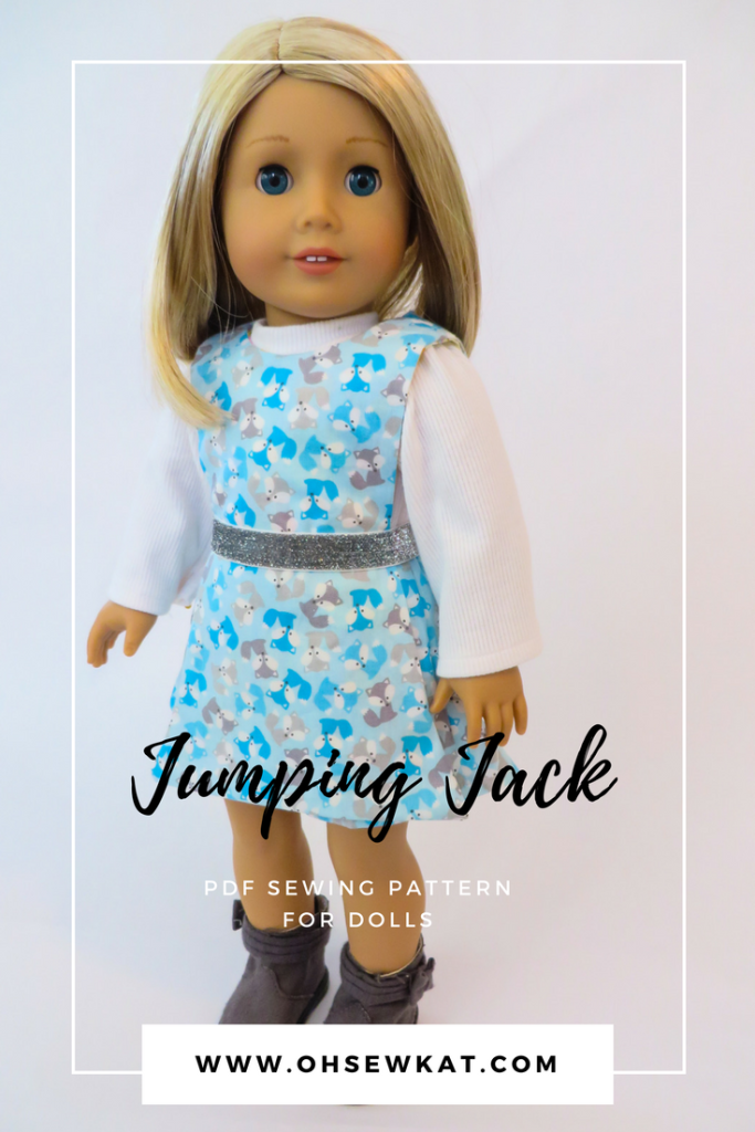 Make your 18 inch American Girl doll a Jumping Jack reversible 3 in 1 Jumper Pantskirt set this winter with easy PDF Sewing patterns from Oh Sew Kat! on Etsy.  
