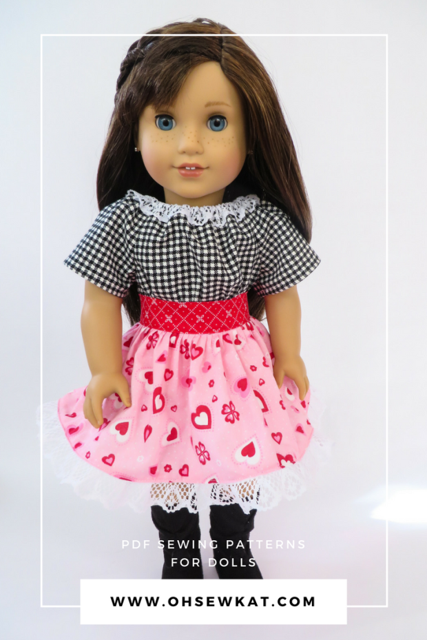 American Girl Doll dressed in valentines day dress with hearts