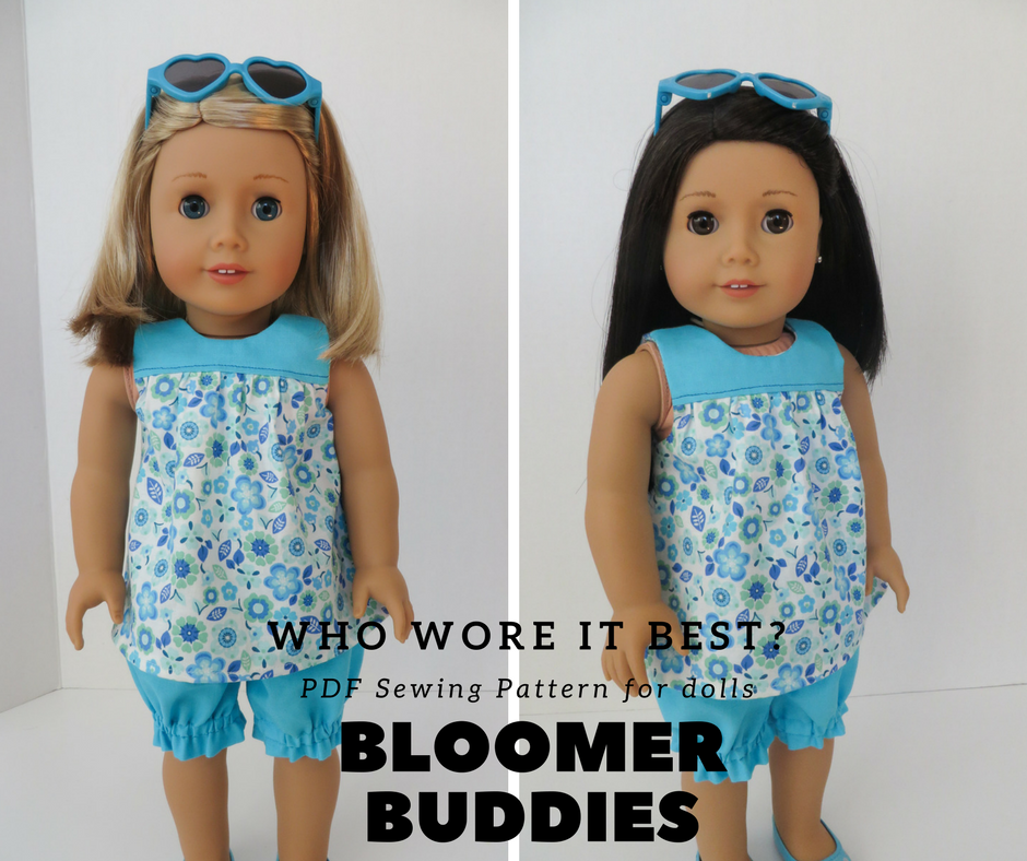 Make a spring dress for your 18 inch American Girl doll with the easy to sew Bloomer Buddies PDF sewing pattern by oh Sew Kat!  #dollclothes #18inch #americangirldoll