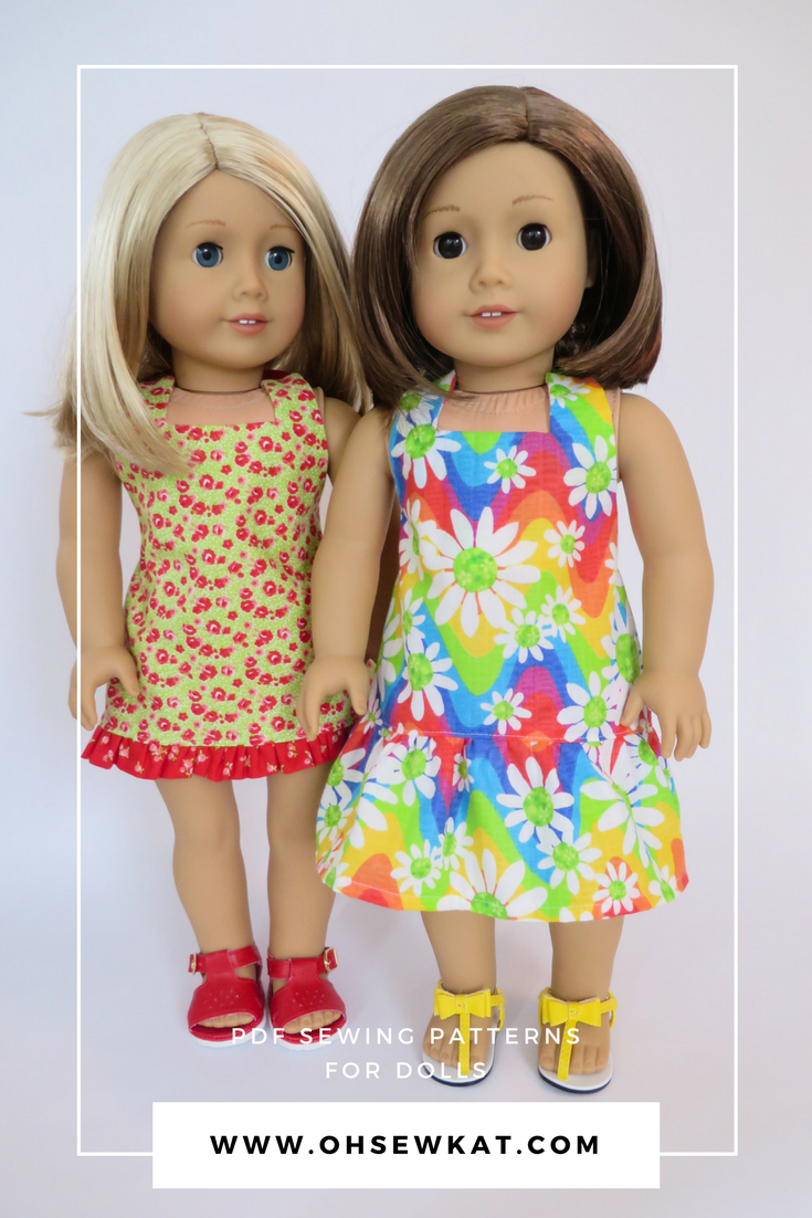 Sew a halter top and capri outfit or sundress for your 18 inch and other sized dolls with a quick and easy sewing pattern from Oh Sew Kat! Print the pattern pieces on your home computer and make a doll outfit in about an hour. #sewingpattern #dollclothes #easypattern #ohsewkat #18inchdoll