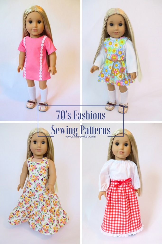 Make a 70s outfit for Julie American Girl Doll Clothes with easy sewing PDF patterns from Oh Sew Kat! Blog with craft tutorials and free skirt pattern. #ohsewkat #dollclothes #70s #dress #Julie #sewing