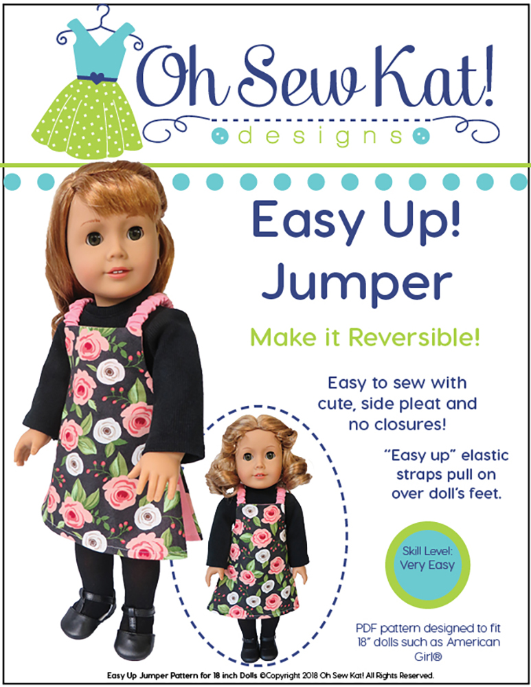 New sewing pattern for dolls! Sew an easy and reversible fall jumper for 18 inch and 14 inch dolls with this easy pattern from Oh Sew Kat! Find more patterns and a free skirt pattern at www.ohsewkat.com. #dollclothes #sewingpattern #ohsewkat #18inchdoll
