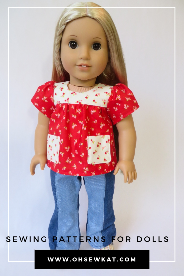 Make a calico 70s style top for Julie American Girl doll with easy PDF sewing patterns by oh sew kat. #ohsewkat #bloomerbuddies #juliedoll #sewingpattern