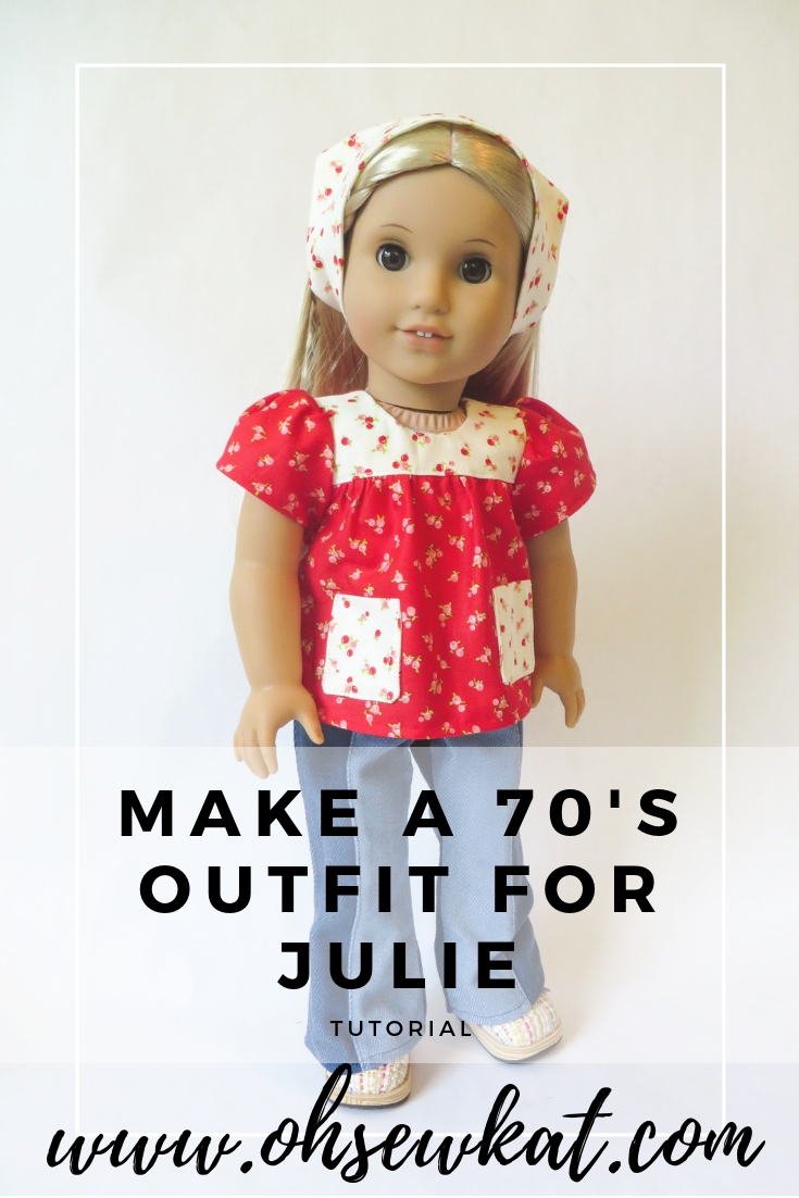 Make a 70s inspired doll top for American Girl doll Julie Albright with easy sewing patterns from Oh Sew Kat. #ohsewkat #bloomerbuddies #julie #1970sfashions #dollclothes #sewingpatterns