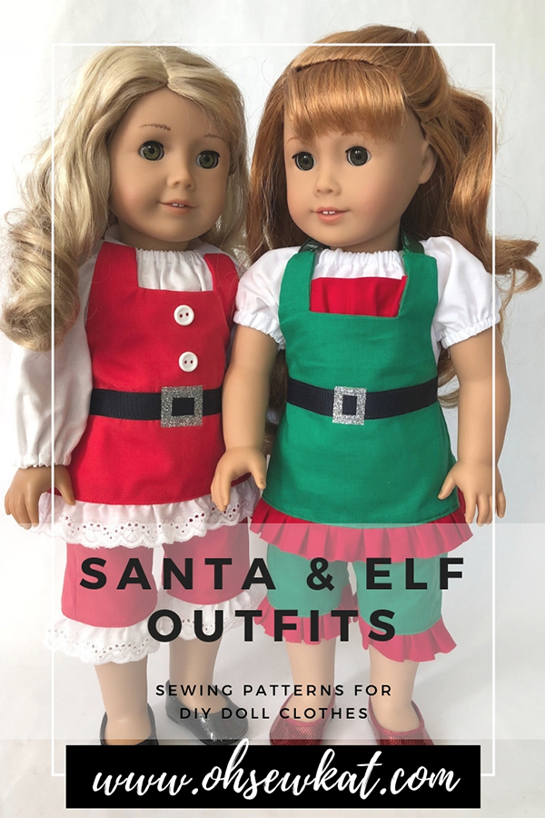 Make a Christmas Elf, Gingerbread Man, or Santa outfit for your doll with the Boardwalk Boutique PDF Sewing Pattern for 18 inch dolls like American Girl. #christmaself #ohsekwat #santaoutfit #holidaycrafts #dollclothes