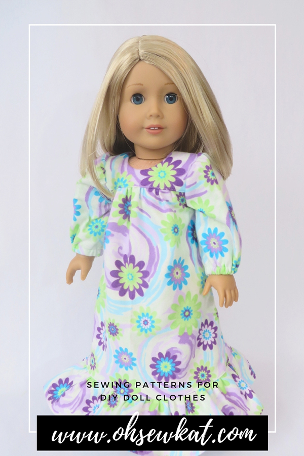Make a snuggly nightgown for your 18 inch doll with easy sewing patterns by OhSewKat. #sewingpattern #dollclothes #nightgown #ohsewkat