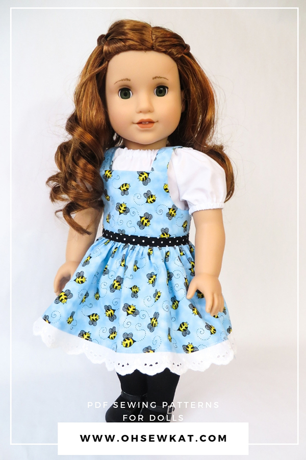 Make easy overalls with Oh Sew Kat's Backyard Bibs sewing pattern for 18 inch dolls like Blaire Wilson from American Girl. #dollclothes #sewingpatterns