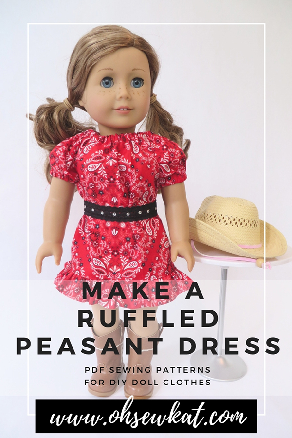 Make a bandana ruffled dress with the Playtime Peasant Top PDF sewing pattern. Oh Sew Kat! offers easy doll clothes sewing pattern tutorials to make diy doll clothes for 18 inch dolls like American Girl. Patterns also available in other popular doll sizes. #dollclothes #sewingpattern