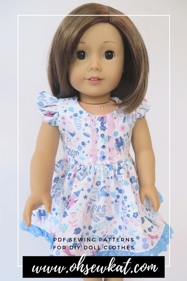 Make a doll dress for your 18 inch doll with the flutter sleeve Spring Shine Dress sewing pattern from oh sew kat! It's easy to DIY your own doll clothes and be a fashion designer~
