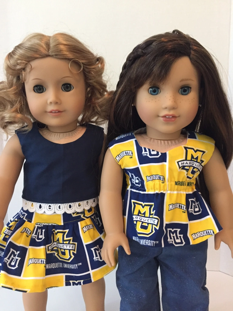 Marquette University spirit wear 18 inch doll clothes made with sewing patterns by Oh Sew Kat. Go Golden Eagles!