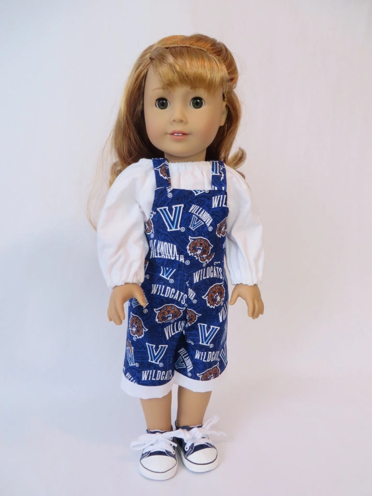 Villlanova Bibbed Overalls Game Day Doll clothes made with the Backyard Bibs easy PDF sewing Pattern for 18 inch dolls by Oh Sew Kat! Great for all VU Wildcat Fans!