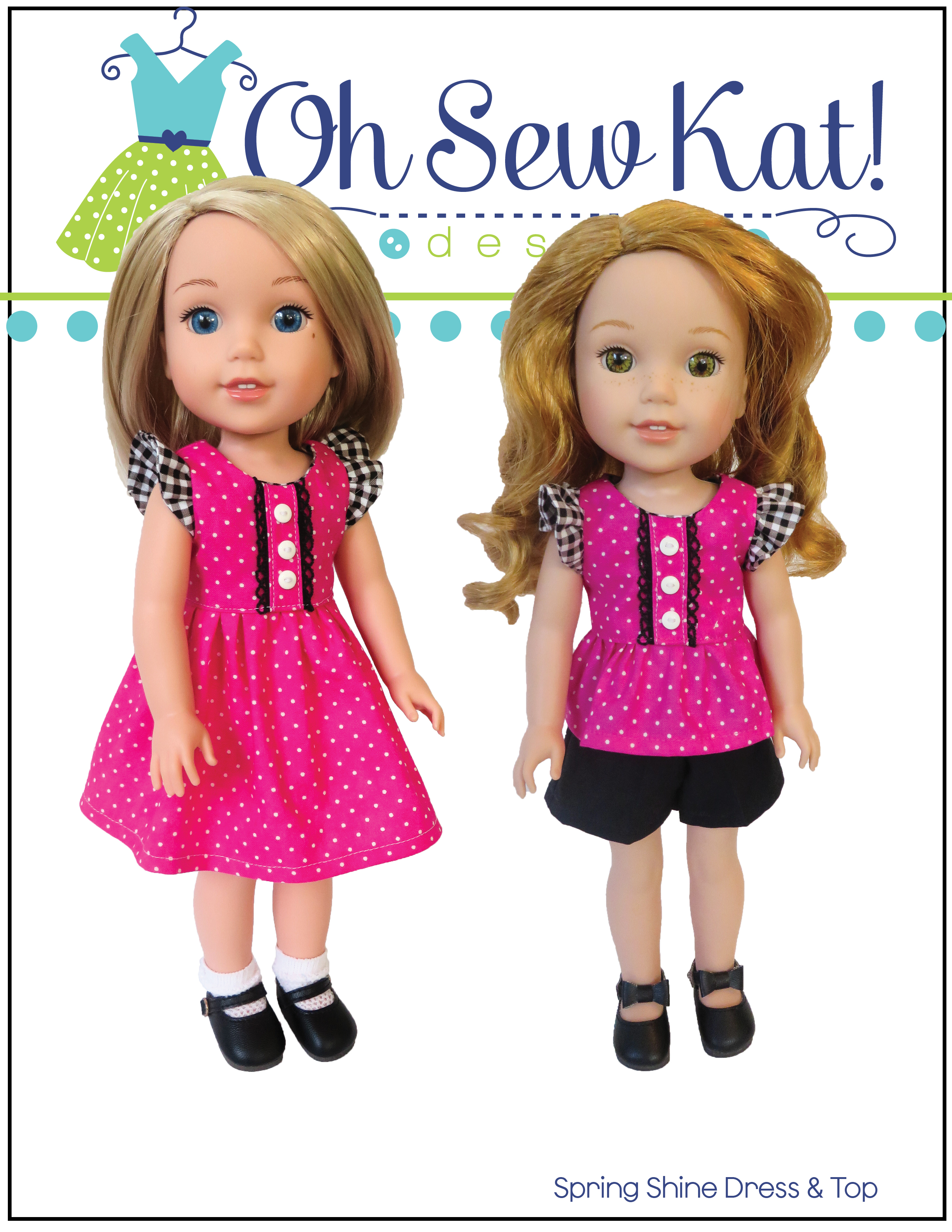 Wellie Wishers sewing pattern to make a dress or top with placket and flutter sleeves. Easy beginner level sewing patterns to diy your own doll clothes for 14 and 18 inch dolls by Oh Sew Kat! #welliewishers #dollclothes #sewingpattern