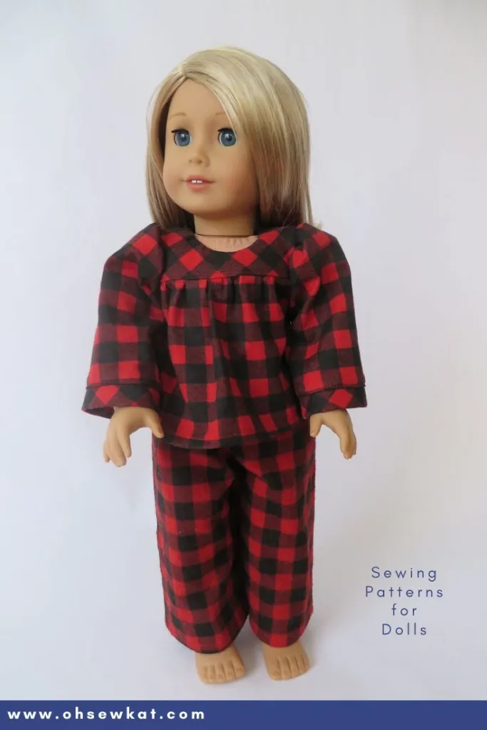 Make cozy pajamas for your 18 inch dolls like American Girl with easy PDF sewing patterns by Oh Sew Kat! Find a full selection of my digital patterns in my etsy shop.