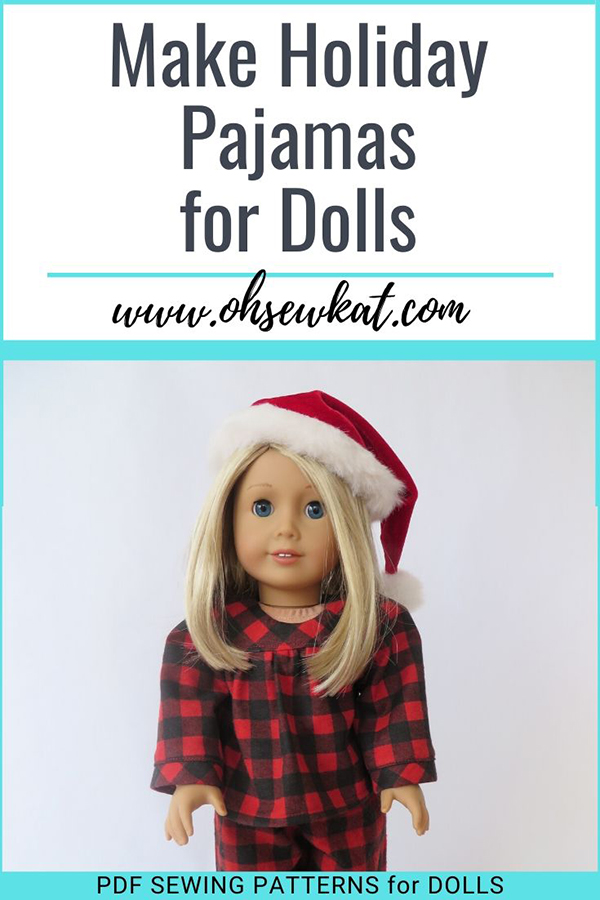 Make your 18 inch doll an adorable set of holiday pajamas pjs with the easy PDF Bloomer Buddies sewing pattern from Oh Sew Kat! Quick to sew, step by step beginner level patterns to make your American Girl sized doll shine this Christmas holiday season.