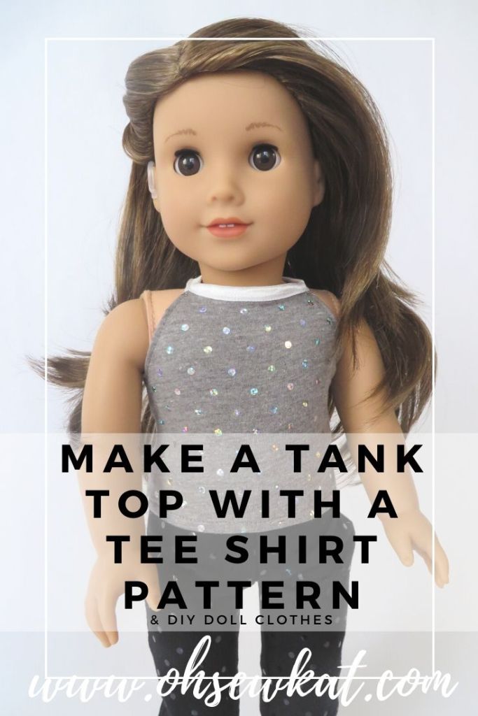 Use the Simple Sweet Tee shirt sewing pattern from OhSew Kat to make a tank top for your Joss doll with this easy pattern hack. Find more PDF sewing patterns for 18 inch doll clothes in my etsy shop.
