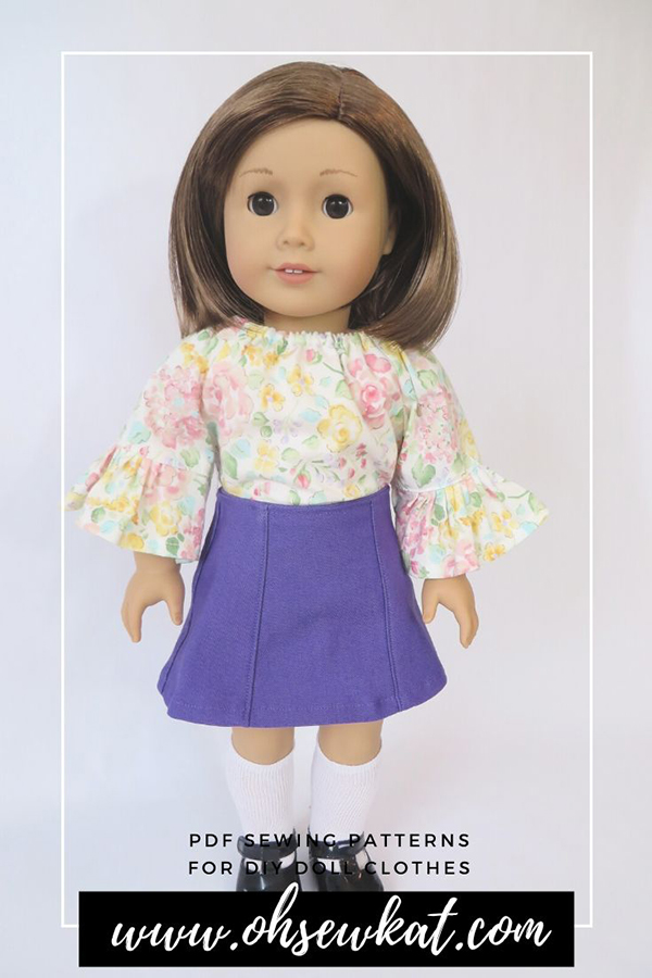 Make your 18 inch doll an adorable ruffled sleeve peasant top with the Playtime Peasant Top PDF Sewing Pattern from Oh Sew Kat! Available in my Etsy Shop in 5 popular doll sizes includes long and short sleeves and a 3 tiered skirt.