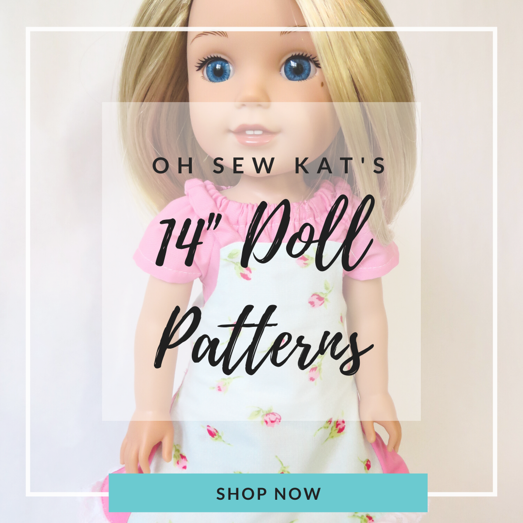 DIY Doll clothes with easy PDF sewing patterns from OhSewKat for Wellie Wishers, Glitter Girls, Style Girls and other 14.5 inch dolls.