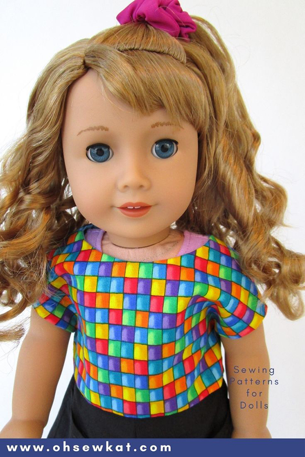 Make doll clothes for 1980's 18 inch dolls like Courtney Moore from American Girl. Easy to sew doll clothes with easy PDF digital patterns, printables, and tutorials from OhSewKat. Also available on Etsy. Make a boxy crop top, hair scrunchies, and bubble skirts.