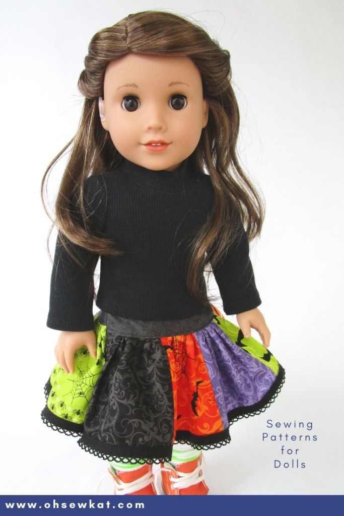 Use the Oh Sew Kat! Pdf pattern Twinkle Twirl Skirt to make a fun, patchwork 18 inch doll skirt for Halloween. Click the pin to find more PDF patterns for 18 inch American Girl dolls and other sizes too. Free skirt pattern at www.ohsewkat.com