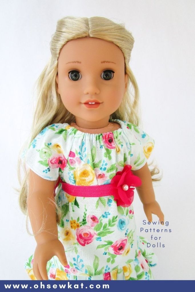 Use the simple to sew Playtime Peasant Top pattern to make a cute, spring dress for your 18 inch doll like Kira Bailey from American Girl. Find more beginner level sewing patterns in the Oh Sew Kat etsy shop.