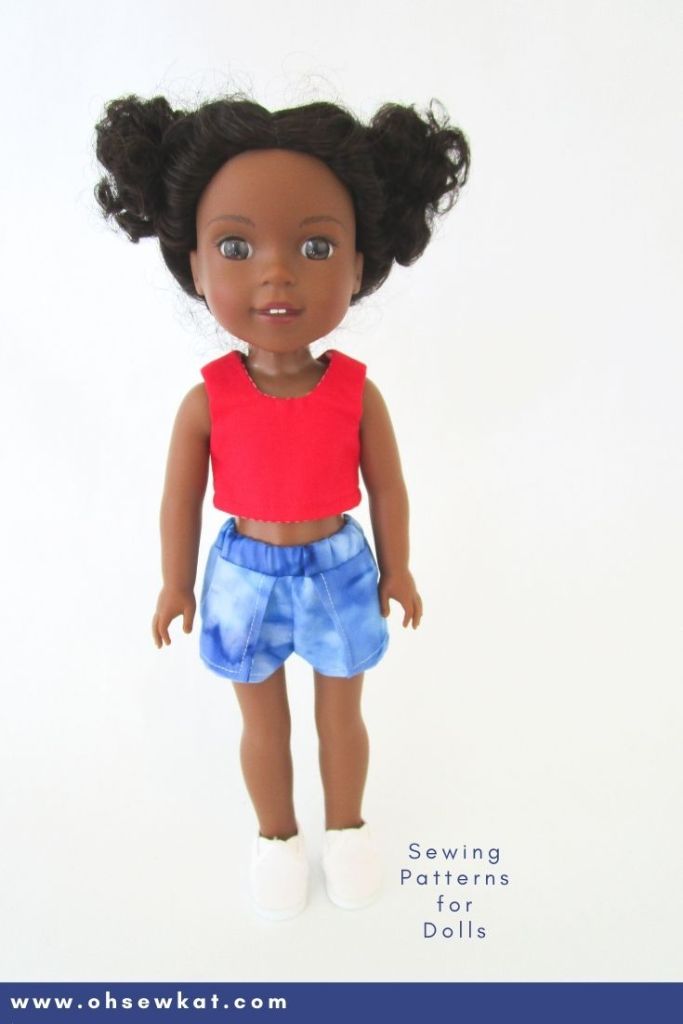 Use the simple to sew Sun Day Skort pattern to make your own doll clothes for 14 inch dolls like Welliewishers and 15 inch dolls like Ruby Red Fashion Friends with easy PDF sewing patterns from OhSewKat!