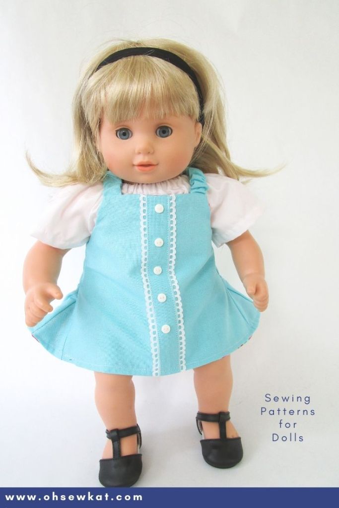 The simple to sew Easy Up! Jumper PDF Sewing Pattern is now available sized for 15 inch baby dolls like Bitty Baby and Bitty Twins from American Girl. Quick and easy, even reversible. Find more baby doll clothes patterns at Oh Sew Kat!