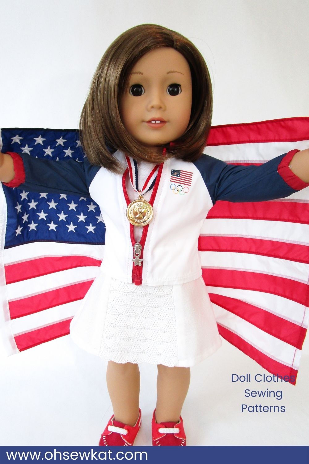 American Girl Outfit Review- Team USA Medal Ceremony Set. OhSewKat review of the jacket, flag, olympic medals outfit produced and sold for American Girl. Diy your own doll clothes with easy sewing patterns for 18 inch dolls by Oh Sew Kat!