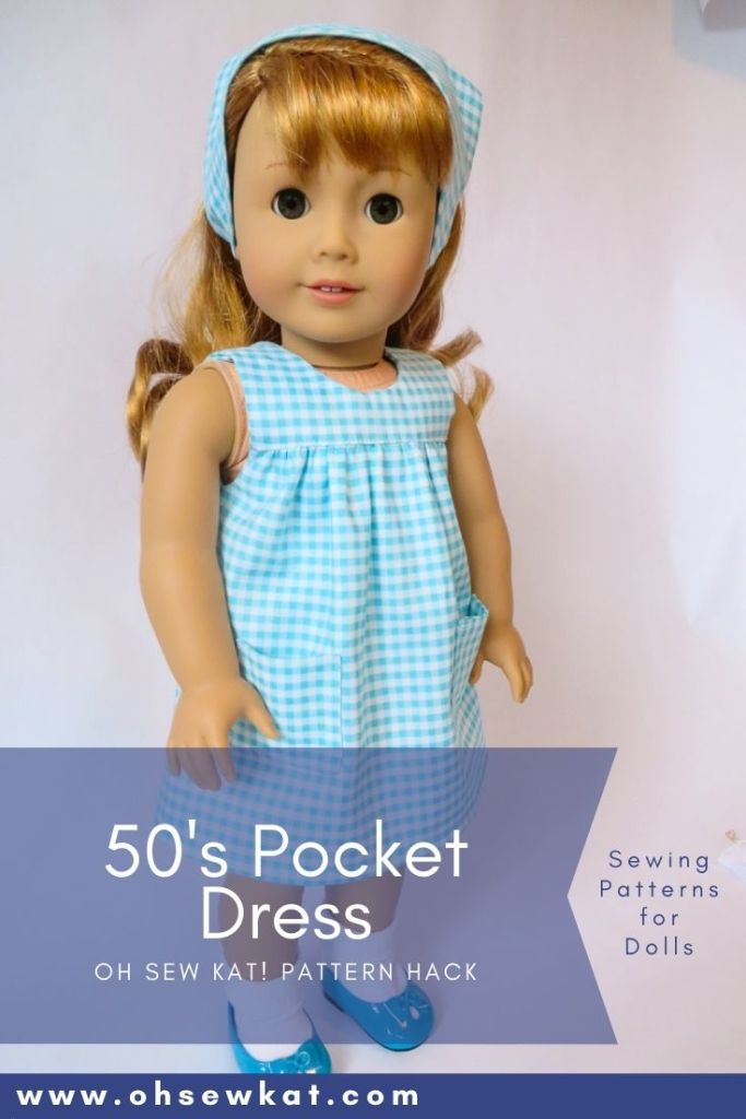 Sew a 50s style sundress with patch pockets with the Bloomer Buddies PDF sewing pattern for 18 inch dolls like Maryellen from American girl. Find more easy to sew doll patterns from OhSewKat.