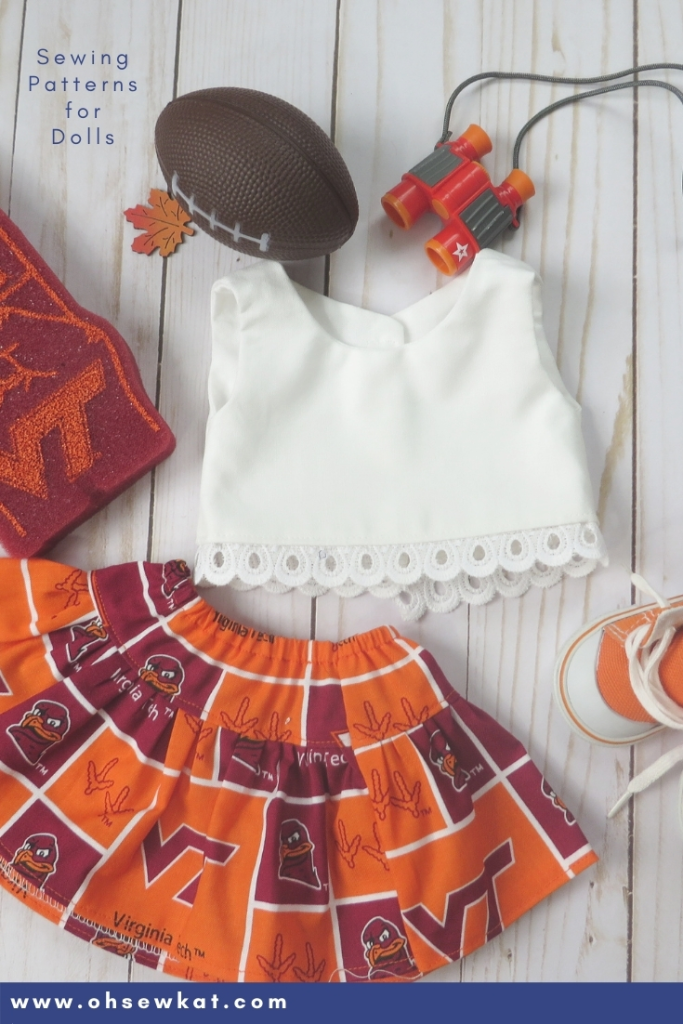 Use easy to sew Oh Sew Kat! patterns to make fun team spirit and game day clothes for 18 inch and other sized dolls like American Girl.